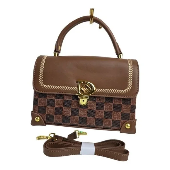 Checkered Top Handle Satchel Handbag Small Crossbody Brown Tan Vegan Leather Pur - Picture 2 of 11